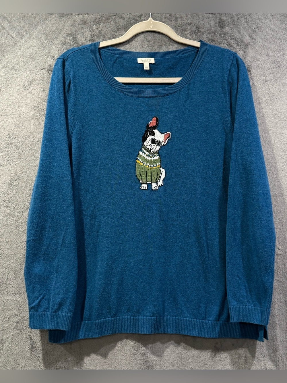 Talbots Women’s 2X  Blue Frenchie French Bulldog Sweater Top 100% Cotton